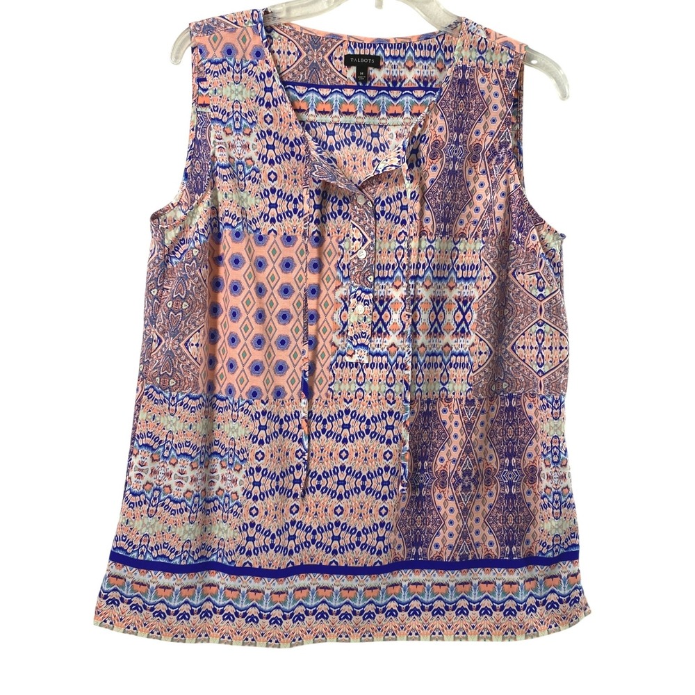 Talbots Top Womens Medium Blue Orange Tile Print Sleeveless Summer Blouse